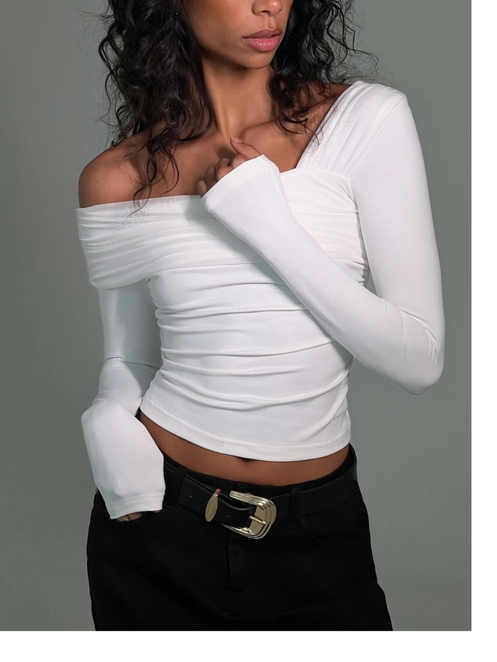Princess Polly White Off-Shoulder Long Sleeve Crop Top
